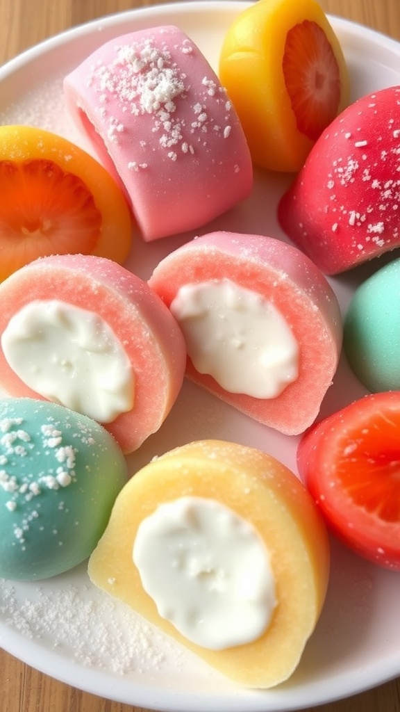 Yogurt Mochi Recipe Colorful yogurt mochi pieces on a plate, filled with yogurt and garnished with fresh fruits.